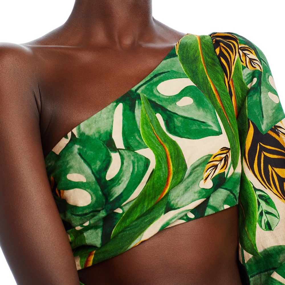 Farm Rio Tropical Leaves One Shoulder Mini Dress Green Large New with Tags - Picture 5 of 16